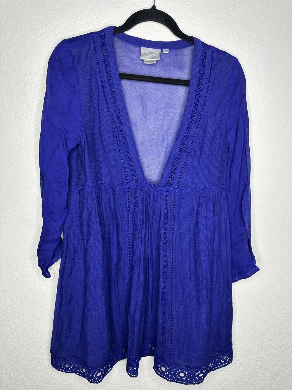 Vanessa Virginia Tunic Dress Womens Size 4 Blue Deep V Lace Boho Anthropologie